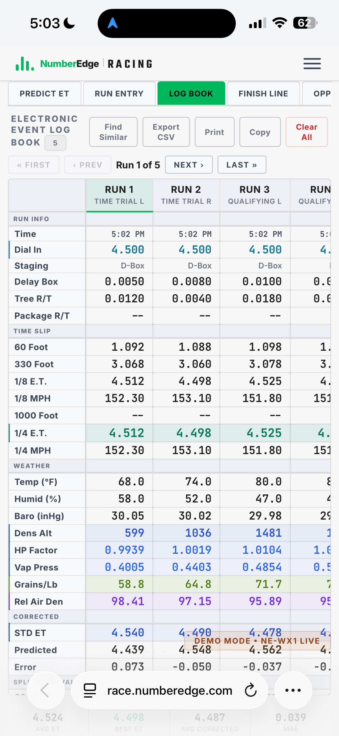 Dial Lab electronic event log on mobile with run data, weather, and predictions