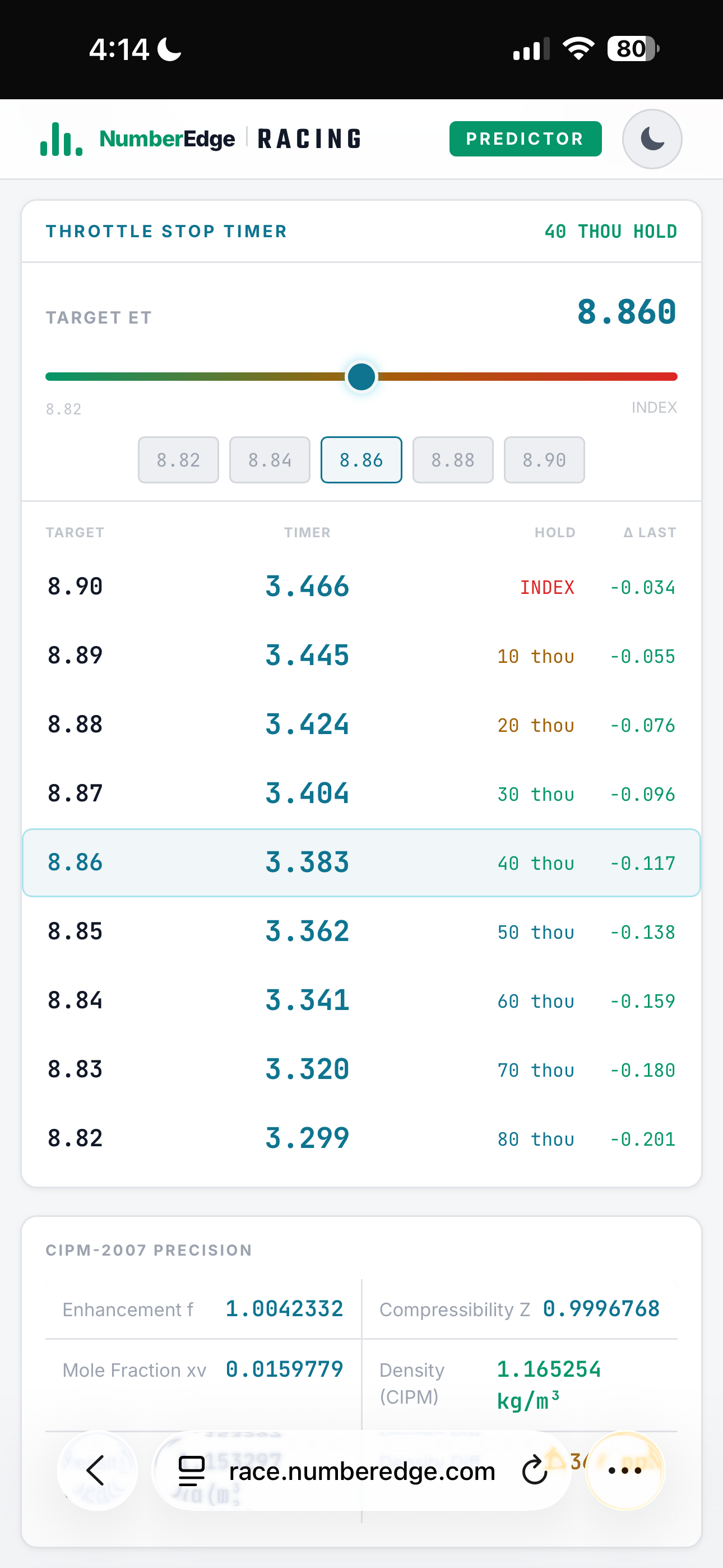 Dial Lab throttle stop timer on mobile, showing CIPM-2007 precision values